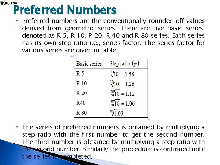 Preferred Numbers Preferred numbers are the conventionally rounded off values derived from geometric series.