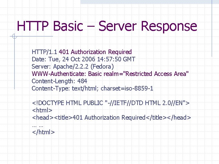 HTTP Basic – Server Response HTTP/1. 1 401 Authorization Required Date: Tue, 24 Oct