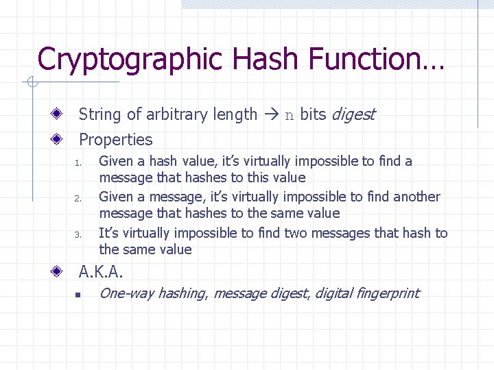 Cryptographic Hash Function… String of arbitrary length n bits digest Properties 1. 2. 3.