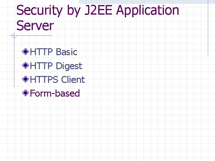 Security by J 2 EE Application Server HTTP Basic HTTP Digest HTTPS Client Form-based