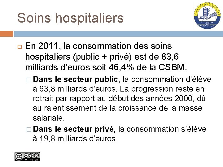 Soins hospitaliers En 2011, la consommation des soins hospitaliers (public + privé) est de