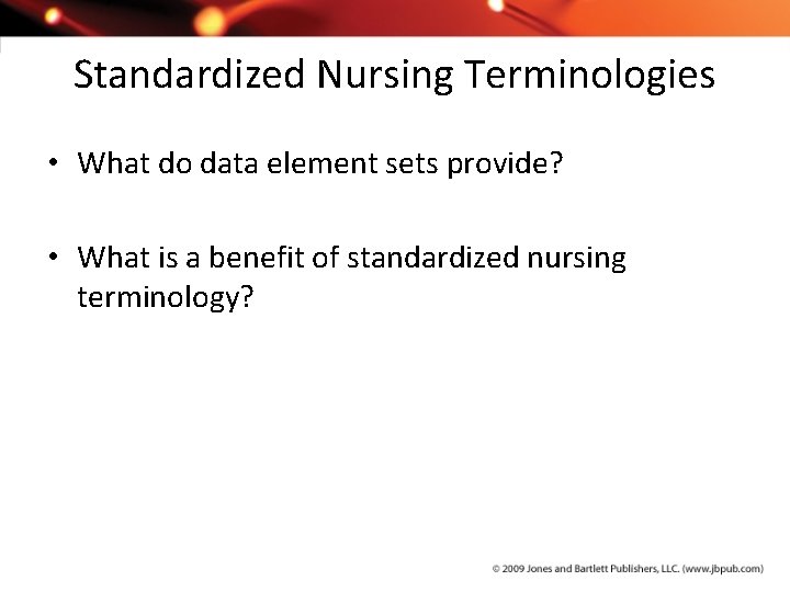 Standardized Nursing Terminologies • What do data element sets provide? • What is a