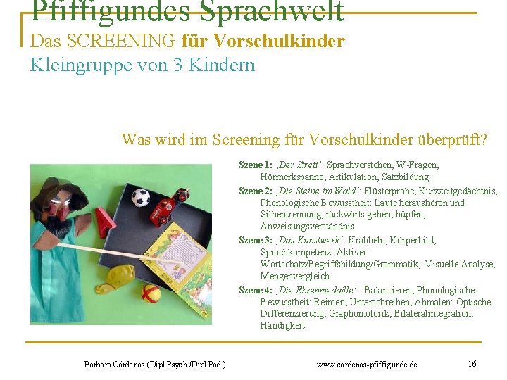 Pfiffigundes Sprachwelt Das SCREENING für Vorschulkinder Kleingruppe von 3 Kindern Was wird im Screening