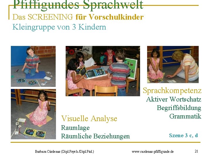 Pfiffigundes Sprachwelt Das SCREENING für Vorschulkinder Kleingruppe von 3 Kindern Sprachkompetenz Visuelle Analyse Raumlage