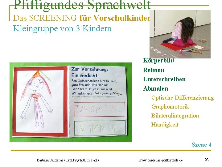 Pfiffigundes Sprachwelt Das SCREENING für Vorschulkinder Kleingruppe von 3 Kindern Körperbild Reimen Unterschreiben Abmalen