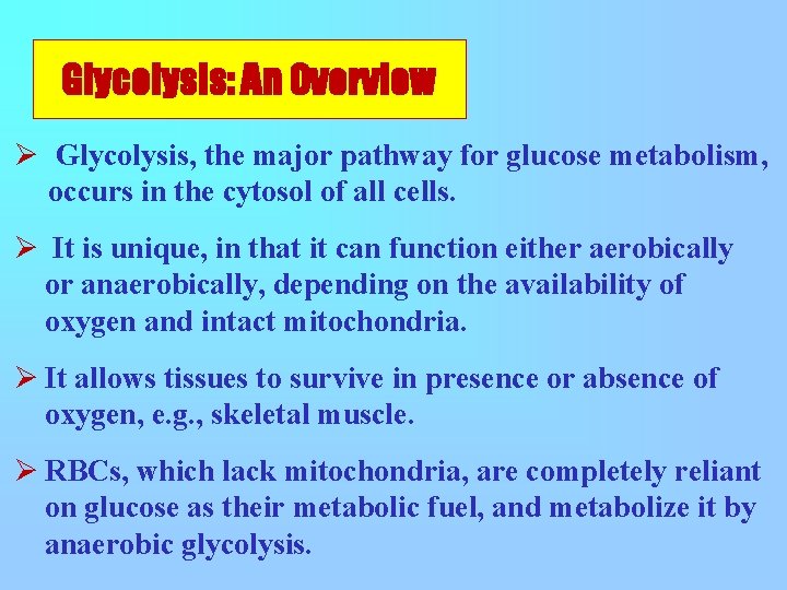 Glycolysis: An Overview Ø Glycolysis, the major pathway for glucose metabolism, occurs in the