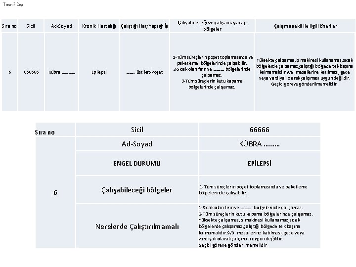 Tasnif Dışı Sıra no 6 Sicil Ad-Soyad 666666 Kübra ………… Sıra no 6 Çalışabileceği