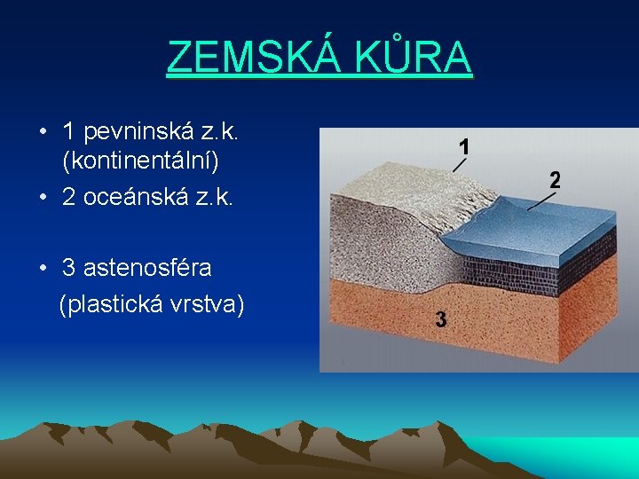 ZEMSKÁ KŮRA • 1 pevninská z. k. (kontinentální) • 2 oceánská z. k. •