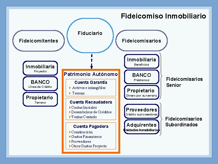 Fideicomiso Inmobiliario Fiduciario Fideicomisarios Fideicomitentes Inmobiliaria Beneficios Inmobiliaria Proyecto BANCO Línea de Crédito Propietario