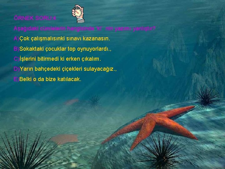 ÖRNEK SORU: 4 Aşağıdaki cümlelerin hangisinde ‘ki’ nin yazımı yanlıştır? A)Çok çalışmalısınki sınavı kazanasın.