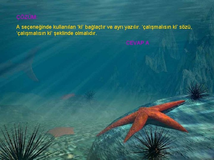 ÇÖZÜM: A seçeneğinde kullanılan ‘ki’ bağlaçtır ve ayrı yazılır. ‘çalışmalısın ki’ sözü, ‘çalışmalısın ki’