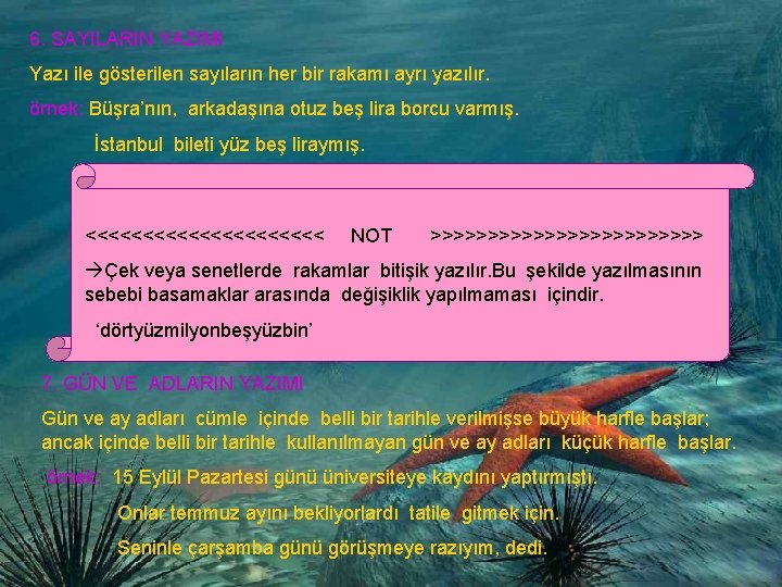 6. SAYILARIN YAZIMI Yazı ile gösterilen sayıların her bir rakamı ayrı yazılır. örnek: Büşra’nın,