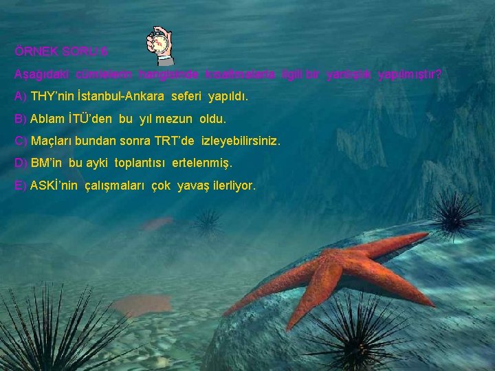 ÖRNEK SORU: 6 Aşağıdaki cümlelerin hangisinde kısaltmalarla ilgili bir yanlışlık yapılmıştır? A) THY’nin İstanbul-Ankara