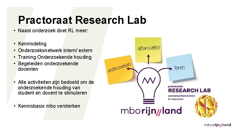 Practoraat Research Lab • Naast onderzoek doet RL meer: • • Kennisdeling Onderzoeksnetwerk intern/