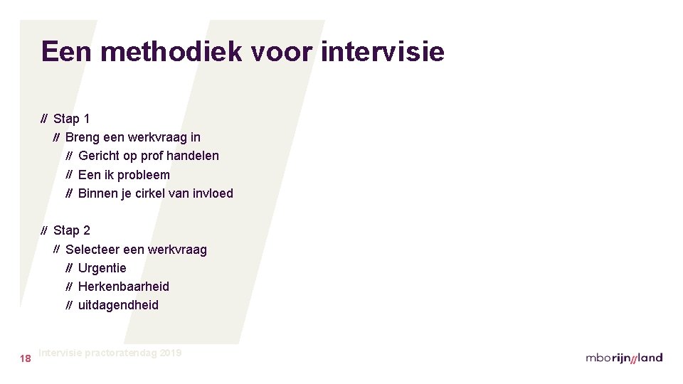 Een methodiek voor intervisie Stap 1 Breng een werkvraag in Gericht op prof handelen