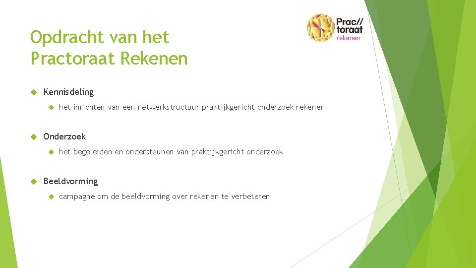 Opdracht van het Practoraat Rekenen Kennisdeling Onderzoek het inrichten van een netwerkstructuur praktijkgericht onderzoek