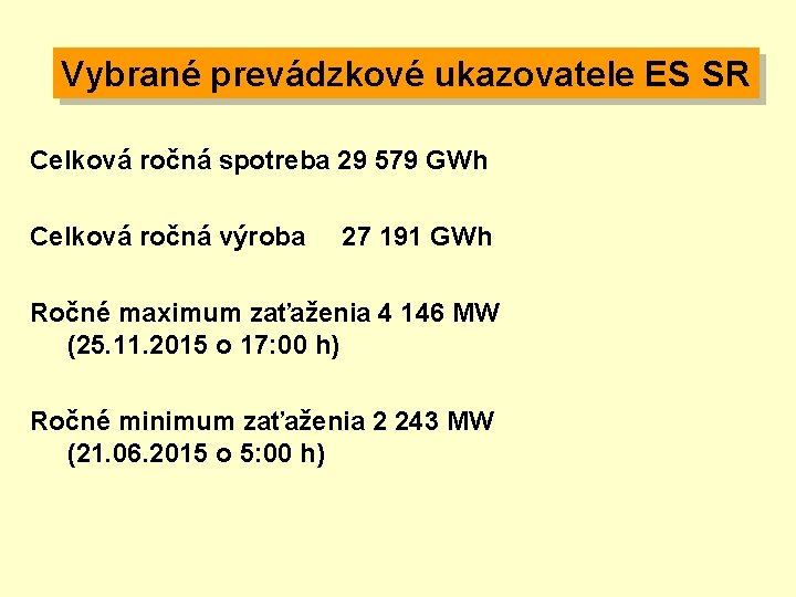 Vybrané prevádzkové ukazovatele ES SR Celková ročná spotreba 29 579 GWh Celková ročná výroba