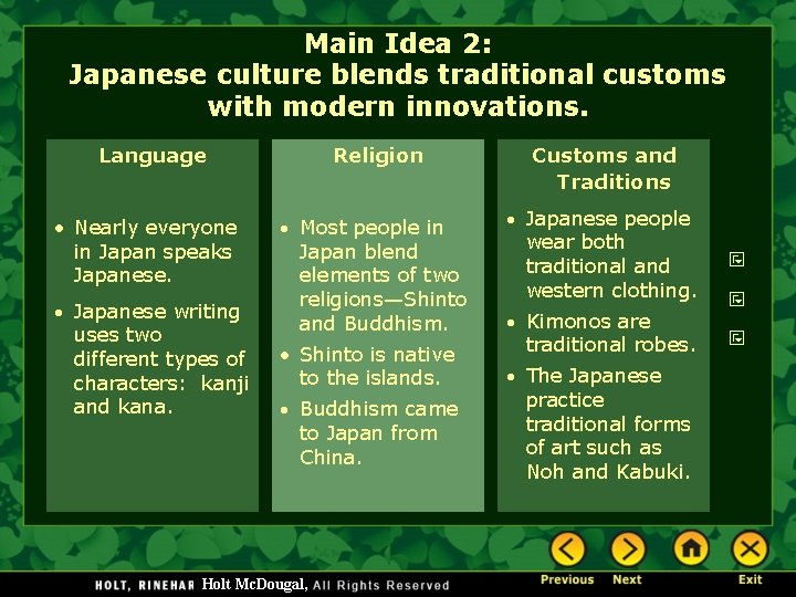 Main Idea 2: Japanese culture blends traditional customs with modern innovations. Language • Nearly