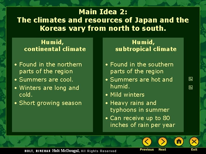 Main Idea 2: The climates and resources of Japan and the Koreas vary from