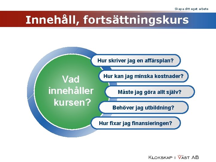 Skapa ditt eget arbete Innehåll, fortsättningskurs Hur skriver jag en affärsplan? Vad innehåller kursen?