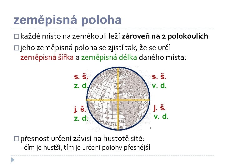 zeměpisná poloha � každé místo na zeměkouli leží zároveň na 2 polokoulích � jeho