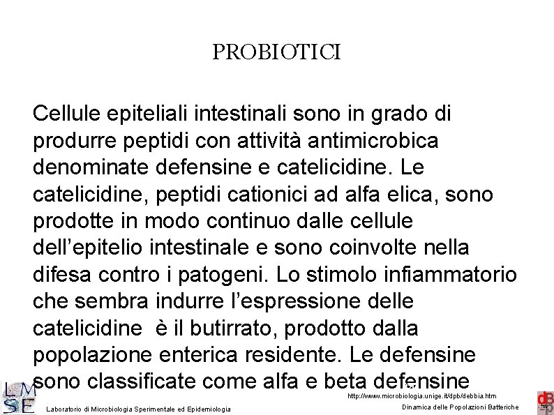 PROBIOTICI Cellule epiteliali intestinali sono in grado di produrre peptidi con attività antimicrobica denominate