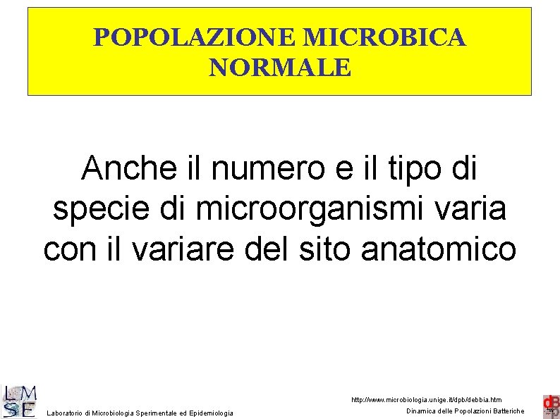 POPOLAZIONE MICROBICA NORMALE Anche il numero e il tipo di specie di microorganismi varia