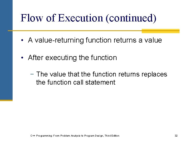 Flow of Execution (continued) • A value-returning function returns a value • After executing Flow of Execution (continued) • A value-returning function returns a value • After executing