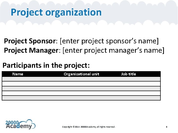 Project organization Project Sponsor: [enter project sponsor’s name] Project Manager: [enter project manager’s name]