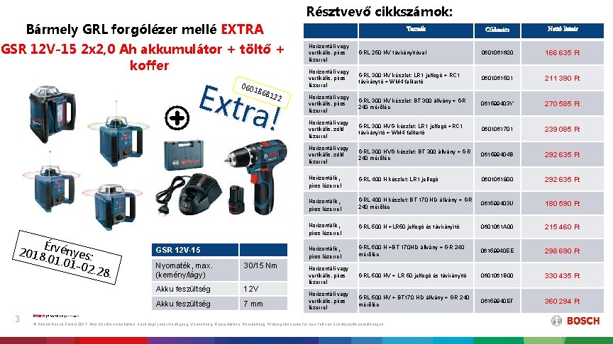 Résztvevő cikkszámok: Bármely GRL forgólézer mellé EXTRA Termék GSR 12 V-15 2 x 2,