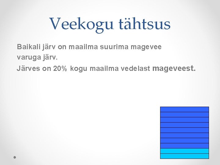 Veekogu tähtsus Baikali järv on maailma suurima magevee varuga järv. Järves on 20% kogu