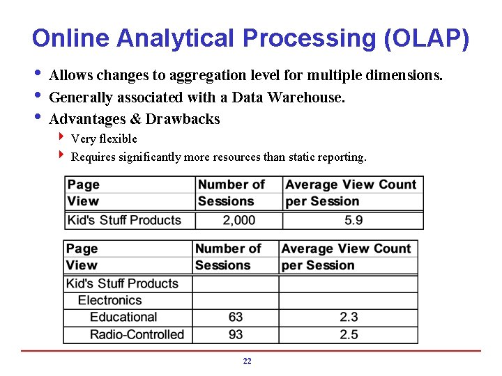 Online Analytical Processing (OLAP) i Allows changes to aggregation level for multiple dimensions. i