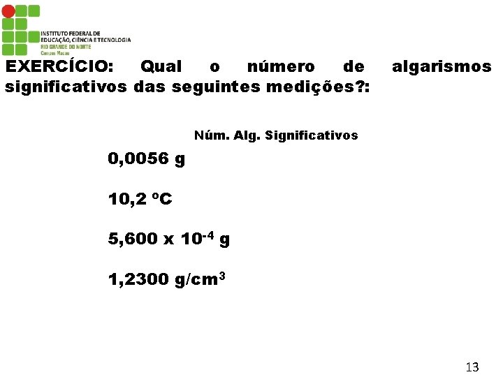 EXERCÍCIO: Qual o número de significativos das seguintes medições? : algarismos Núm. Alg. Significativos