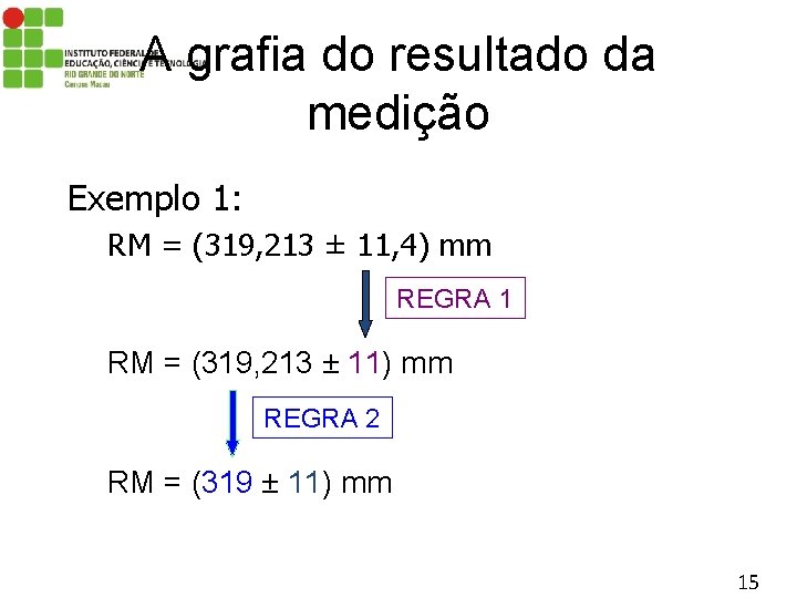 A grafia do resultado da medição Exemplo 1: RM = (319, 213 ± 11,