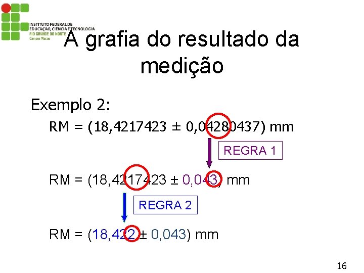 A grafia do resultado da medição Exemplo 2: RM = (18, 4217423 ± 0,