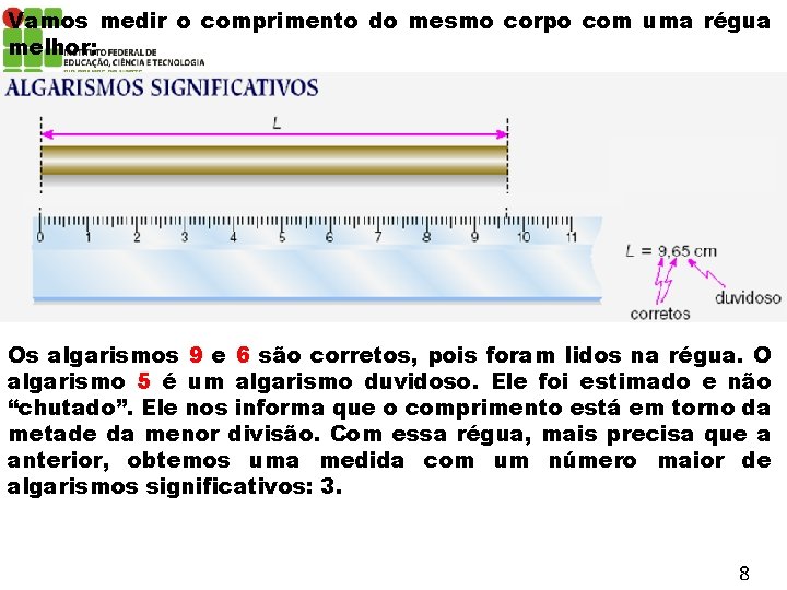 Vamos medir o comprimento do mesmo corpo com uma régua melhor: Os algarismos 9