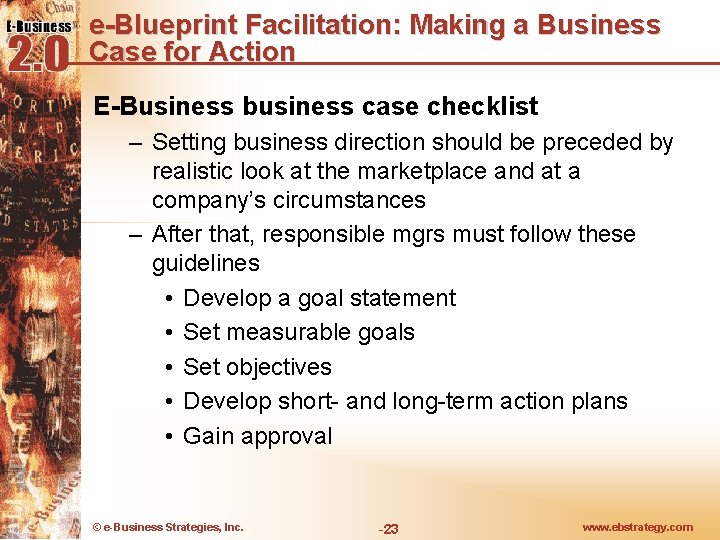 e-Blueprint Facilitation: Making a Business Case for Action E-Business business case checklist – Setting
