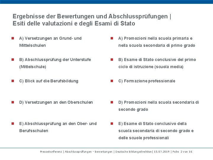 Ergebnisse der Bewertungen und Abschlussprüfungen | Esiti delle valutazioni e degli Esami di Stato