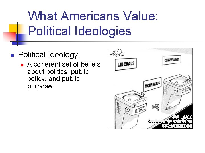 What Americans Value: Political Ideologies n Political Ideology: n A coherent set of beliefs