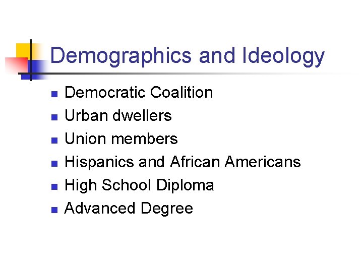 Demographics and Ideology n n n Democratic Coalition Urban dwellers Union members Hispanics and