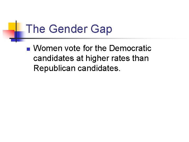 The Gender Gap n Women vote for the Democratic candidates at higher rates than
