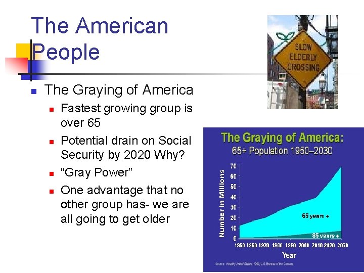 The American People n The Graying of America n n Fastest growing group is