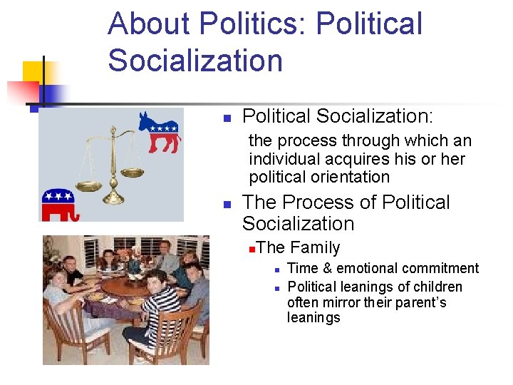 About Politics: Political Socialization n Political Socialization: the process through which an individual acquires