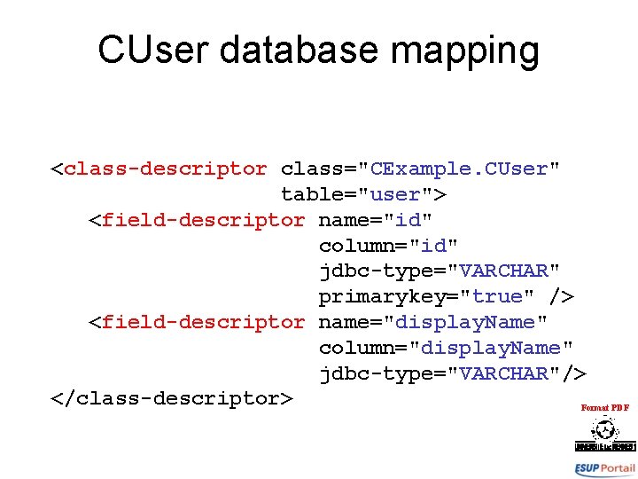 CUser database mapping <class-descriptor class="CExample. CUser" table="user"> <field-descriptor name="id" column="id" jdbc-type="VARCHAR" primarykey="true" /> <field-descriptor