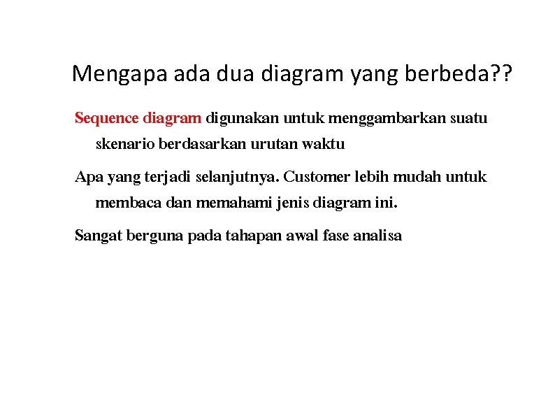 Mengapa ada dua diagram yang berbeda? ? Sequence diagram digunakan untuk menggambarkan suatu skenario Mengapa ada dua diagram yang berbeda? ? Sequence diagram digunakan untuk menggambarkan suatu skenario