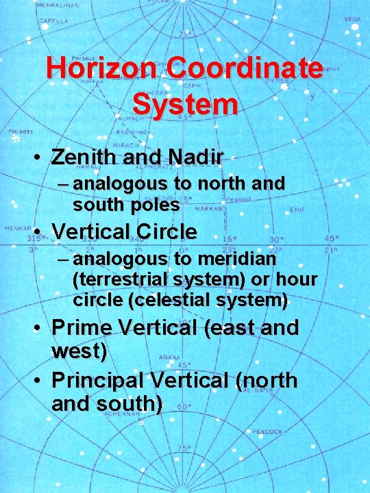 Horizon Coordinate System • Zenith and Nadir – analogous to north and south poles