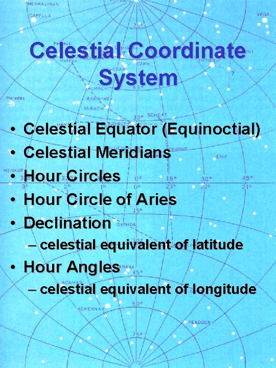 Celestial Coordinate System • • • Celestial Equator (Equinoctial) Celestial Meridians Hour Circle of