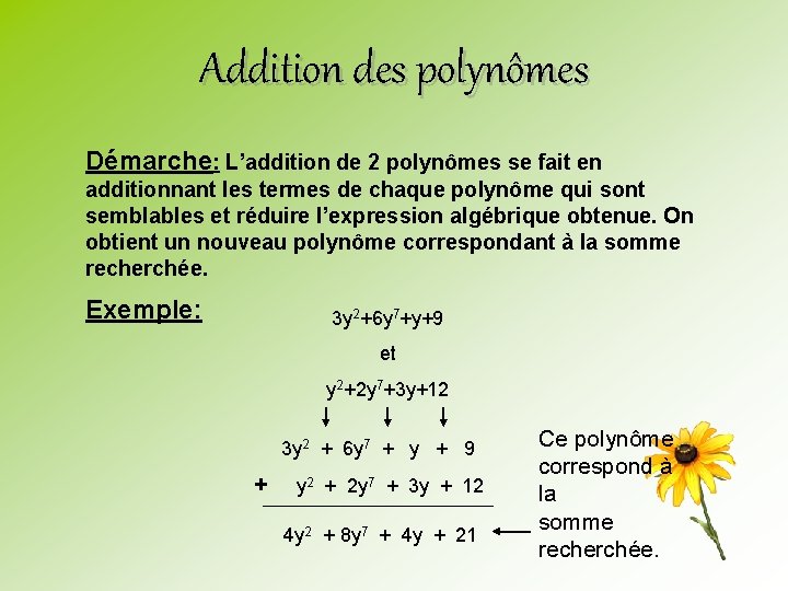 Addition des polynômes Démarche: L’addition de 2 polynômes se fait en additionnant les termes