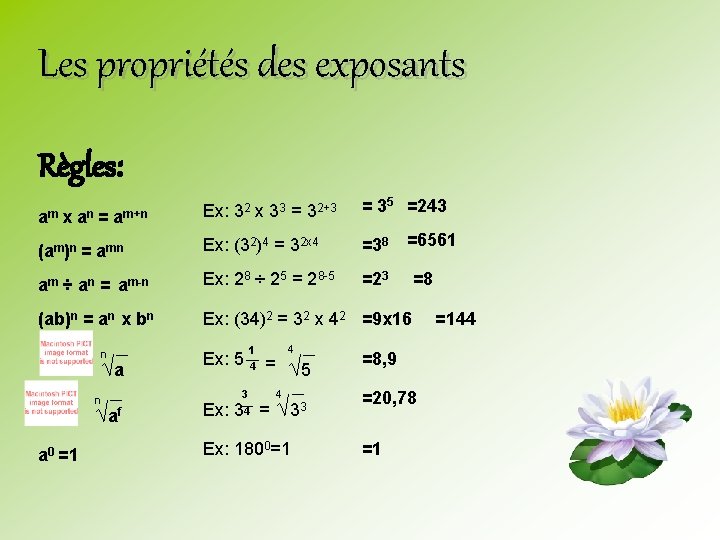 Les propriétés des exposants Règles: Ex: 32 x 33 = 32+3 = 35 =243