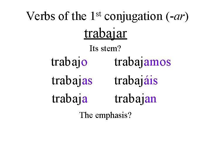 Verbs of the st 1 conjugation (-ar) trabajar Its stem? trab ajo traba jas Verbs of the st 1 conjugation (-ar) trabajar Its stem? trab ajo traba jas